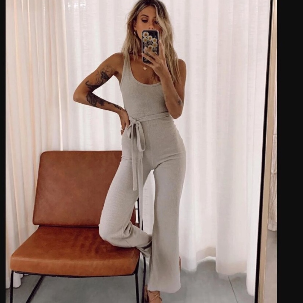 Princess Polly Callie Jumpsuit Scoop Neck Ribbed Beige Women's Size US 12